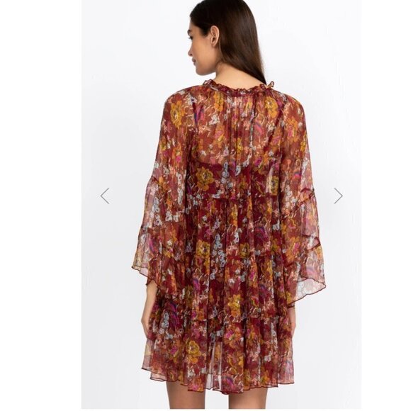 Johnny Was Clay Orange Silk Daisy Flare Sleeve Tassel Oversized Medium Dress - Picture 2 of 11